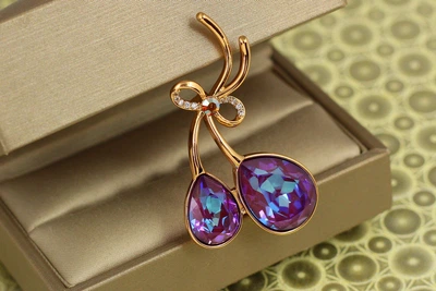 Брошка Xuping Jewelry Дві крапельки з фіолетовими каменями Сваровські 4,7 см золотиста