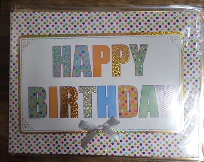 Витающая открытка «Happy Birthday» с конвертом, белая с цветными точками и золотым глиттером