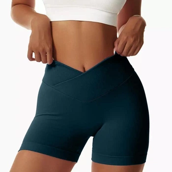 Спортивные женские короткие шорты Soft SQ с перекрестным поясом и эффектом push up для фитнеса, йоги, танцев Бесшовные с утяжкой Однотонные XS-S Темно-изумрудные (SQSH05S)