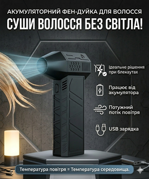 Фен для волосся на акумуляторі, портативна міні повітродувка дорожня (з холодним повітрям) Чорний