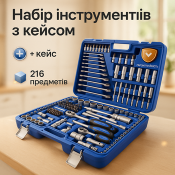 Автомобильный ручной набор инструментов UKC-8162 на 216 предметов в синем кейсе