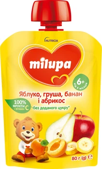 Фруктове пюре Milupa Яблуко-Груша-Банан-Абрикос з 6 місяців 80 г (6438091403600)