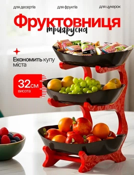 Фруктовниця триярусна 32см підставка для фруктів цукерок десертів етажерка кухонна органайзер для кухні піднос багаторівневий стильна фруктова ваза чорна з червоним