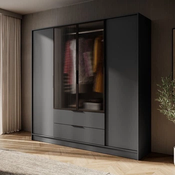 Гардеробна / шафа для одягу Perfect Home Келлі / Kelly 4DRM 4-дверна з центральними прозорими дверцятами та реєю Графіт (PFH-091892)
