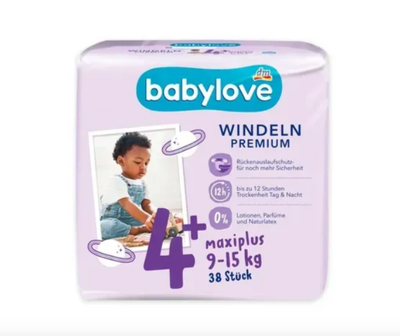 Підгузки Babylove Premium - розмір 4+, Maxiplus (9-15 кг), 38 шт
