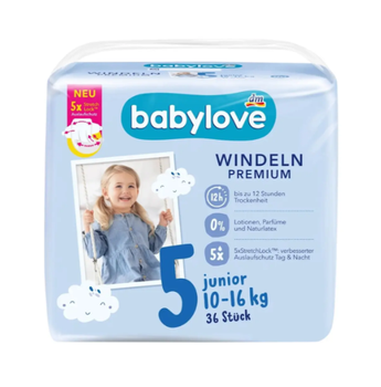 Підгузки Babylove Premium - розмір 5, Junior (10-16 кг), 36 шт