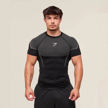 Футболка спортивна чоловіча "Gymshark" компресійна для тренувань чорна з білим L
