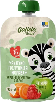 Пюре фруктово-овощное Galicia Baby Яблоко-Клубника-Морковь натуральное для детей от 6 месяцев 90 г (4820209564563)