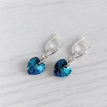 Сережки Hand Made жіночі з сердечками Swarovski синього з бірюзою відтінка Bermuda Blue