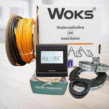 Нагрівальний кабель теплої підлоги WOKS 18 з програмованим чорним регулятором від 17,2 м2 до 26,1 м2 (2920 Вт)