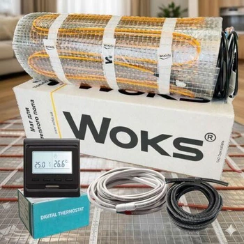 Нагрівальний мат тепла підлога під плитку Woks 160 Вт/м2 з програмованим чорним регулятором
