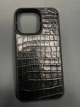 Чохол Pugach TPU+натуральна шкіра (тиснення крокодил) iPhone 13/14 чорний глянець
