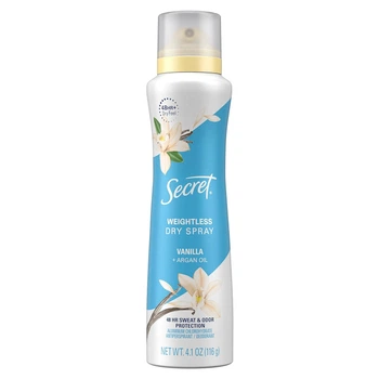 Сухий антиперспірант-дезодорант SECRET Weightless Dry Spray Vanilla , 116 г з ароматом ванілі та аргановою олією, 48 годин дії
