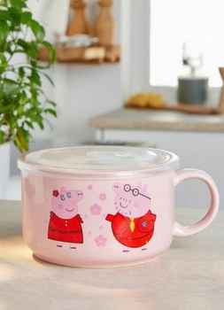 Бульйонниця керамічна Peppa Pig велике горнятко з кришкою пластиковою 770 мл миска тарілка для супу чашка для бульйону і локшини з ручкою Рожевий