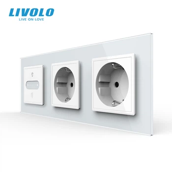 Умный сенсорный проходной диммер LIVOLO с 2 розетками, белый матовий, стекло, 2A 230V