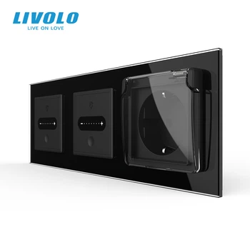 Умный проходной сенсорный диммер LIVOLO 2 сенсора (1-1) с розеткой IP44, крышка, черный матовий, стекло, заземление
