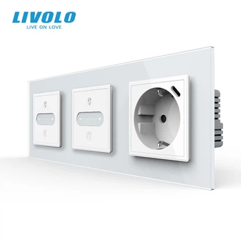 Умный проходной сенсорный диммер LIVOLO 2 сенсора (1-1) с розеткой USB Type-C 18 Вт, белый 2.5D, стекло, заземление