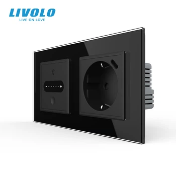 Умный сенсорный диммер с розеткой USB Type-C 18Вт LIVOLO 16А 230В, с заземлением, шторки, черный, стекло