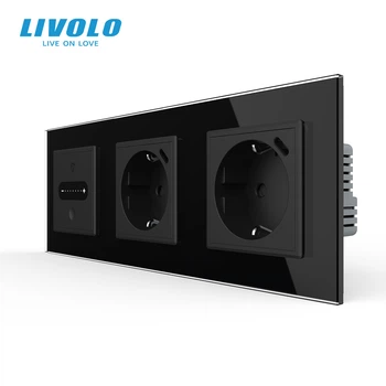 Умный сенсорный диммер LIVOLO с двумя розетками с USB Type-C 18Вт, черный 2.5D, стекло, 16A 230V, заземление