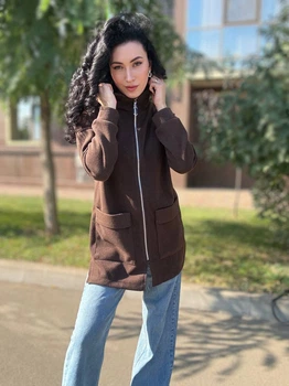 Жіноча куртка-кардиган з кашеміру з капюшоном на блискавці шоколадний 42-44 (KT-EC620)
