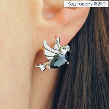 Серьги родованные кольца "Пташечка" с черным камнем, диаметр 1,2см, Xuping