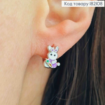 Серьги родованные кольца "Зайчата" с Белой и Фиолетовой эмалью, диаметр 1см, XUPING