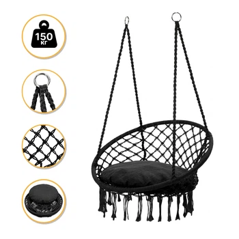 Подвесное плетеное кресло-качалка LEOBRO Boho XL 80 см Black с подушкой (LB-1105)