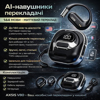 AI-наушники-перекладчики AXSIS V80 Black — TWS наушники с переводе в реальном времени, поддержка 144 языков, для путешествий,
