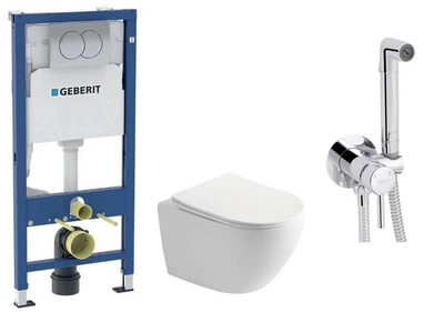 Комплект інсталяції Geberit Duofix з клавішею змиву DELTA01 Хром та підвісного унітазу Rivera Ronda Rimless з кришкою Soft Close + гігієнічний душ Qtap (458.133.21.3/115.107.21.1/R0049RQS/QTINSVARCRMV01)