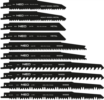 Набір полотен до шабельної пилки NEO Tools TPI 5–8, TPI 24, TPI 6–10, TPI 3, TPI 5, HCS/BIM 10 шт 58-049 (5906692006335)