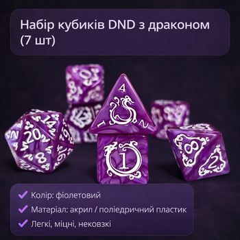 Набор кубиков 7 шт DND с драконом — фиолетовые полиэдрические кости для настольных и ролевых игр D&D, TRPG