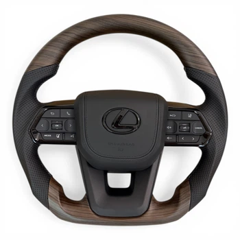 Анатомический руль с подушкой из кожи для Lexus LX470, GX470. Коричневое дерево. Черный логотип.