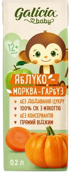 Сок натуральный Galicia Baby Яблоко-Морковь-Тыква с мякотью для детей от 12 месяцев 0.2 л (20209564341)