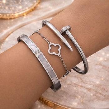 Набір браслетів 3 шт GONCHAR & CO. Цвях + Клевер + Cartier з керамікою (покриття сріблом) 51-005