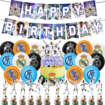 Набір декору на день народження футбол – Реал Мадрид, Happy Birthday гірлянда, повітряні кулі, топери для торта та капкейків, футбольна вечірка для дітей та дорослих