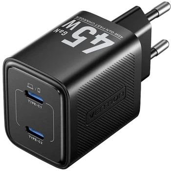 Ładowarka sieciowa Vention Charger 2×USB-C 45W GaN Black (6922794790193)