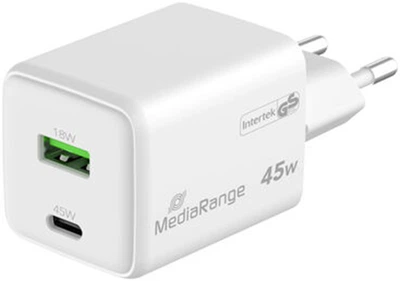 Ładowarka sieciowa MediaRange 45W GaN 1x USB-C 1x USB-A White (MRMA113-2)