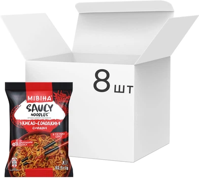 Упаковка вермішелі швидкого приготування Мівіна Saucy Noodles в густому соусі з кисло–солодким смаком 92.5 г х 8 шт (8445292214766)