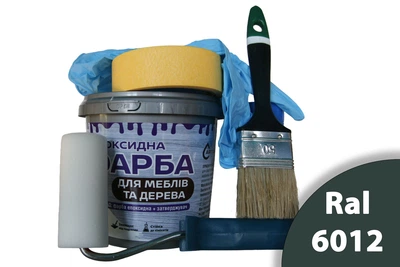 Епоксидна фарба для меблів та дерева ArtCraft 1.5 кг зелена двокомпонентна (А+В) + набір для фарбування (валик, кисть, рукавички, малярна стрічка)