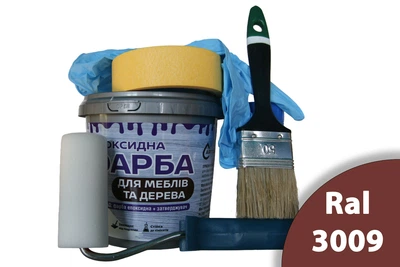 Епоксидна фарба для меблів та дерева ArtCraft 1.5 кг коричнева двокомпонентна (А+В) + набір для фарбування (валик, кисть, рукавички, малярна стрічка)
