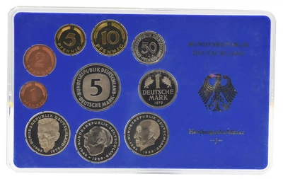Набор монет Германия набор из 10 монет 1979 Proof G 1, 2, 5, 10, 50 пфеннигов, 1, 2, 2, 2, 5 марок в сувенирной упаковке