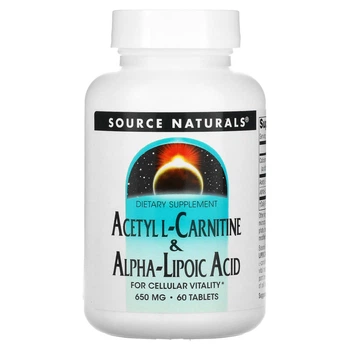 Ацетил карнітин + альфа-ліпоєва кислота, Acetyl L-Carnitine & Alpha Lipoic Acid, Source Naturals, 650 мг, 60 таблеток (SNS-01799)