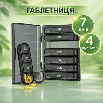 Пластиковая таблетница для лекарств по дням (утро - день - вечер - ночь) Box футляр - органайзер для витаминов и таблеток на 7 дней / на неделю, черная (130221852)