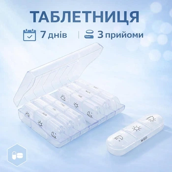Пластиковая таблетница для лекарств по дням (утро - день - вечер) Box футляр - органайзер для витаминов и таблеток на 7 дней / на неделю, белый с прозрачным (130183759)