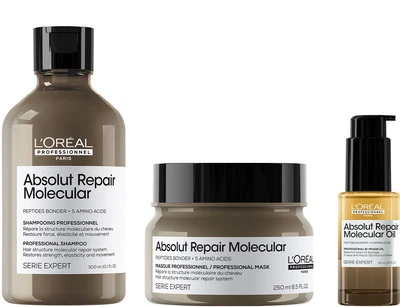 Набір L`Oreal Professionnel Serie Expert Absolut Repair Molecular для Відновлення структури Пошкодженого волосся Крем-шампунь 300 мл + Концентрована маска 250 мл + Двофазна олійка 30 мл (3474637153526/3474637217884/3474637292423)