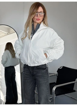 Куртка бомбер жіноча з драпіровкою на рукавах матова утеплена Modern Boutique молочний, S КУ009