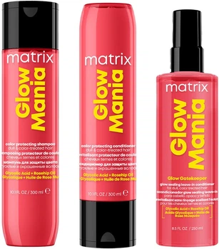 Набор Matrix Glow Mania для защиты цвета окрашенных волос Шампунь 300 мл + Кондиционер 300 мл + Несмываемое средство-уход 250 мл (3474637257026/3474637257040/3474637258016)