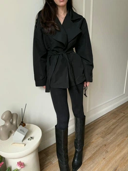 Стильный классический тренч-пальто женский на подкладке коттон XS-M (40-46) черный