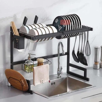 Кухонна сушарка-органайзер для посуду та приладів над мийкою Kitchen Rack з кошиком та гачками 52х85см