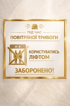 Наклейка "Во время тревоги пользоваться лифтом запрещено", 21х20 см. пленка, УФ печать